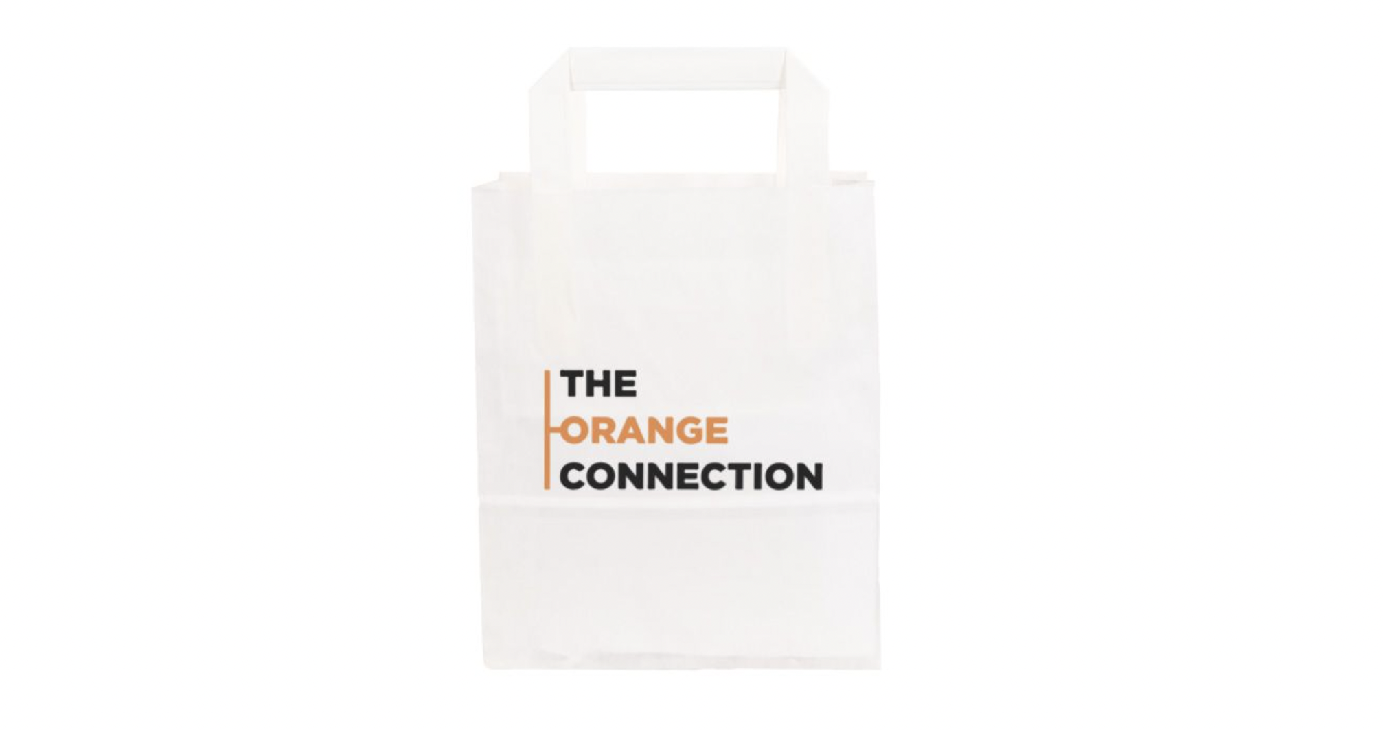 Zu sehen ist eine bedruckte Papiertasche, die sich auch hervorragend für Apotheken eignet, um mehr Gewinn zu erzielen. Die individuelle Papiertasche ist weiß und hat ein orangenes Logo.