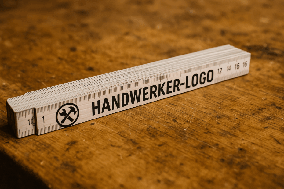 Ein bedruckter Zollstock liegt auf einem Holztisch. Der Zollstock ist mit einem Logo bedruckt, das bei den Kunden des Handwerksbetriebs im Kopf bleiben soll.