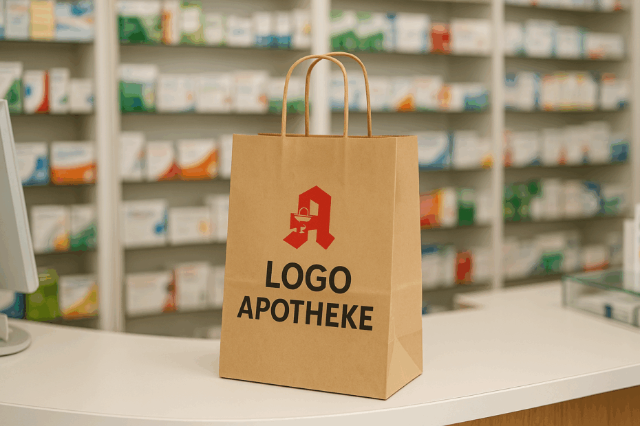 Eine personalisierte Papiertasche steht auf dem Tresen einer Apotheke. Die individuelle Papiertasche ist mit einem Logo bedruckt. Im Hintergrund sind mehrere Medikamente zu sehen.
